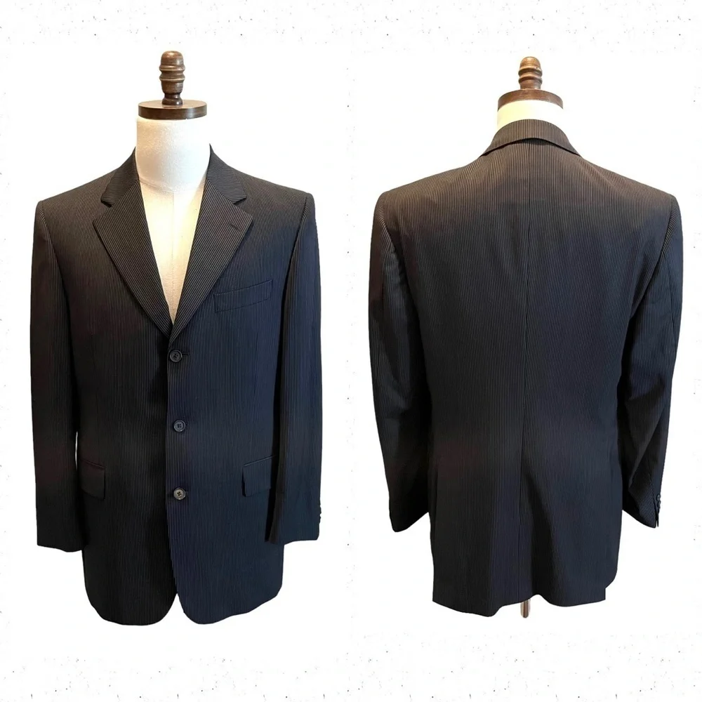 Jack Victor Suit Blazer Jacket Black Pinstripe 40R Wool Super 110 Workwear